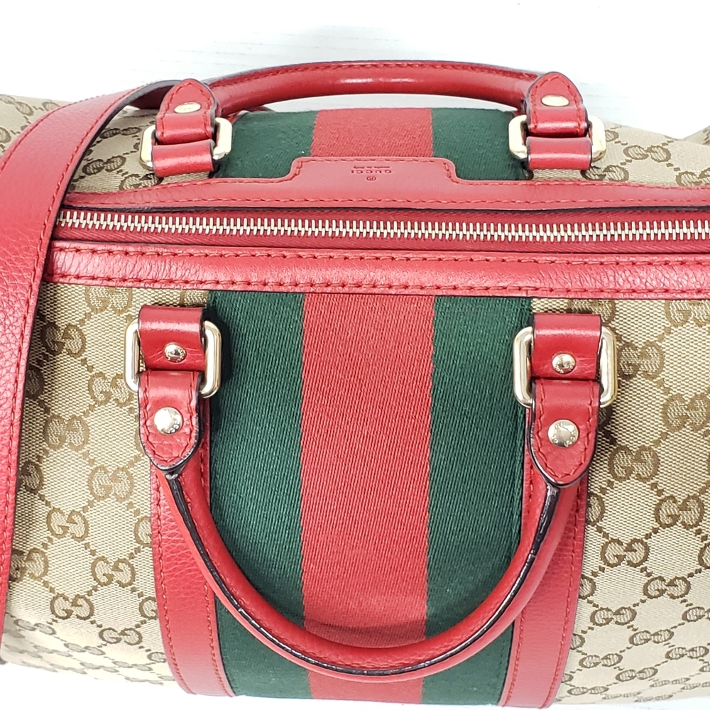 Authentic Gucci Boston GG Supreme Web Stripe Red Leather Satchel Bag - Picture 6 of 16
